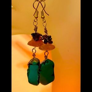 Turquoise, garnet and chalcedony earrings.